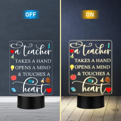 Teacher Appreciation LED Night Light, A Teacher Takes a Hand Opens a Mind Touches a Heart Quote, Warm White Acrylic Lamp with Black Base, Thankyou Gift for Teacher Desk Decor Gift